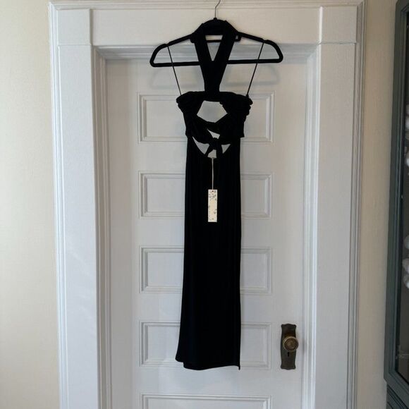 NWT Anthropologie Black Rib Knit Cut Out Halter Bodycon Midi Dress - Picture 6 of 9